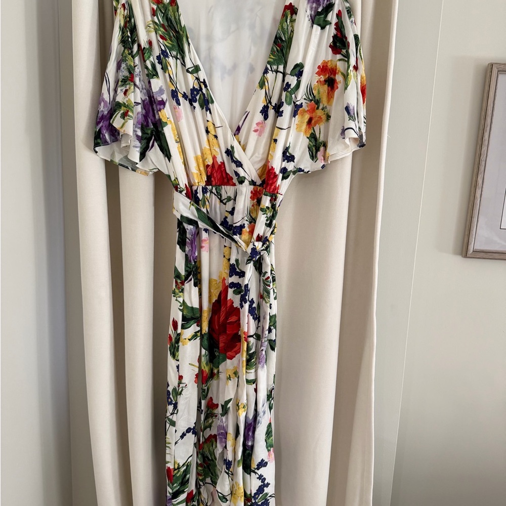 Alice + Olivia White Floral Wrap Maxi Dress with Red, Yellow & Purple Accents